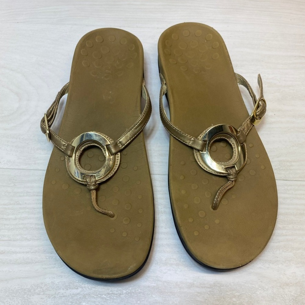 Vionic Womens 11 Karina Thong Sandal Orthotic Gold Leather Comfort Flip Flop